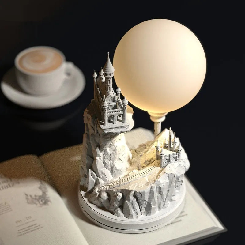 White composite gypsum table lamp with wire control switch on wooden surface