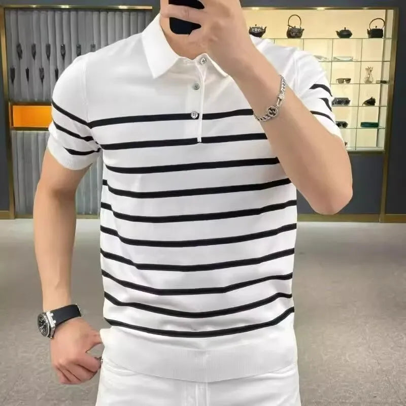 Black and white striped men's knit t-shirt with a lapel collar, laid flat.