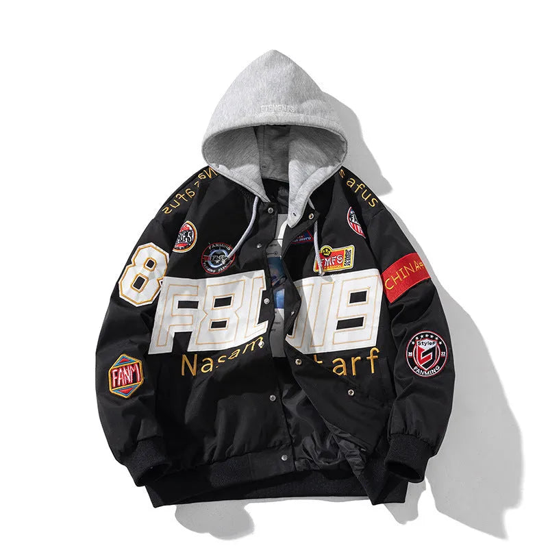 Black blue red American motorcycle baseball uniform with hooded detachable cotton padded options