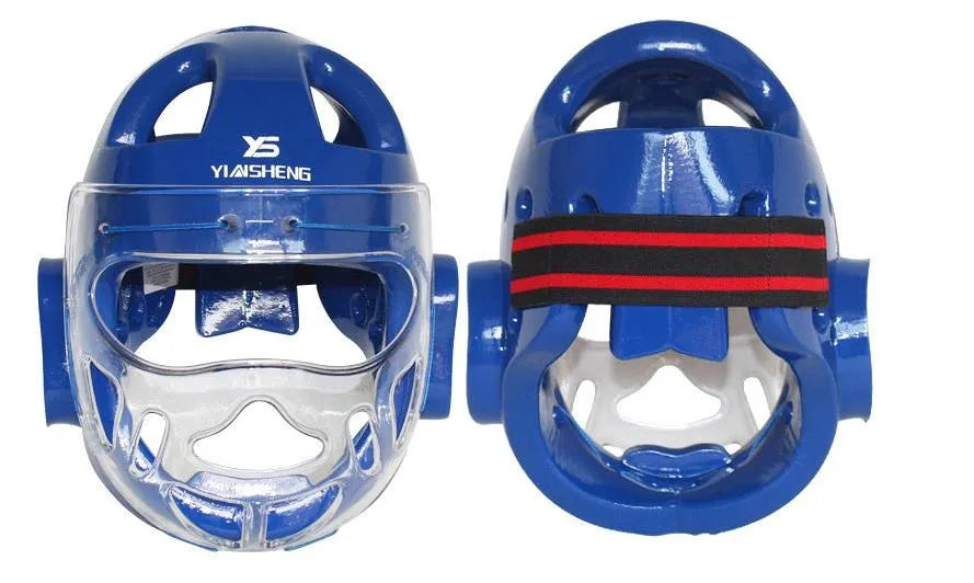 Karate boxing head protection helmet shown in white, blue, and red colour options.