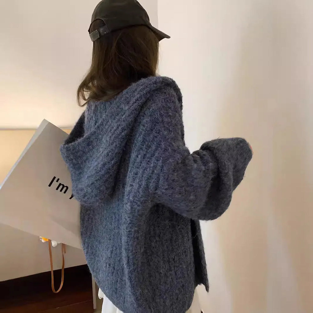 Women's dark grey retro Maillard knit hooded cardigan on a hanger, showing loose fit and regular sleeves.