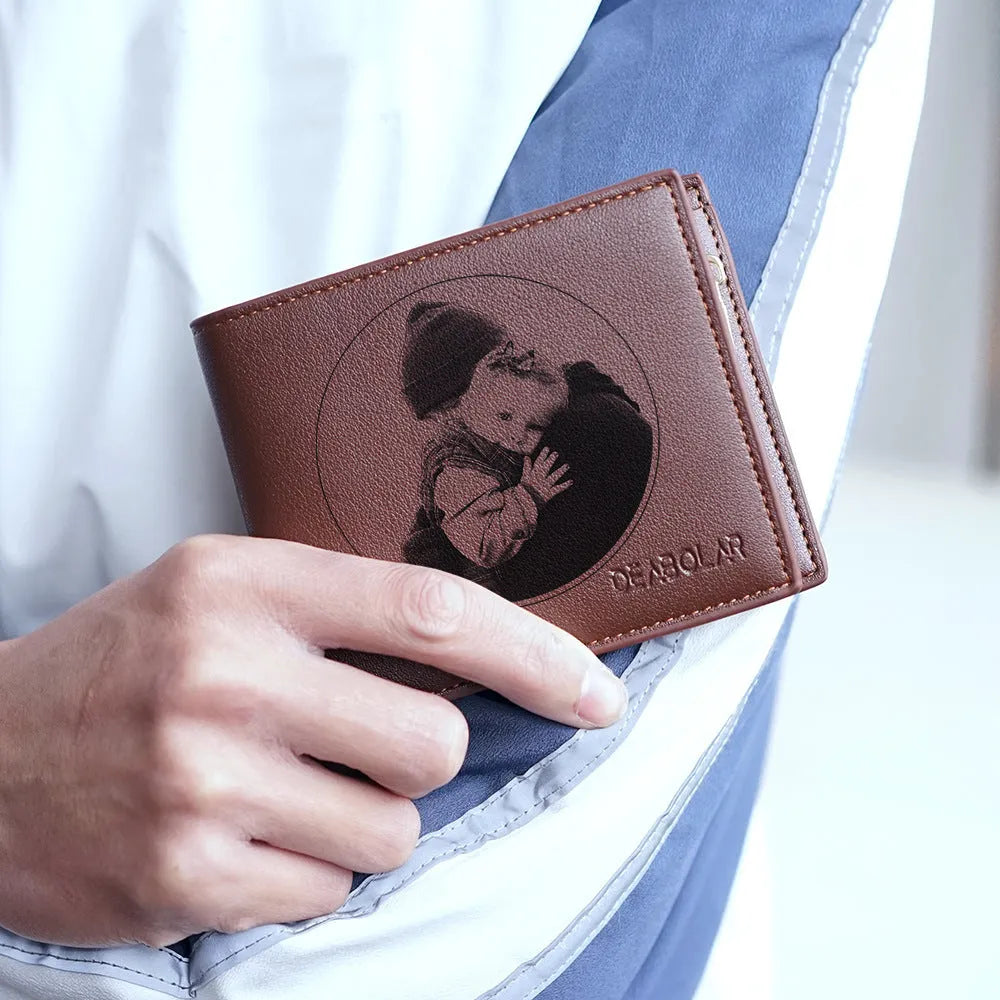 Men's brown leather wallet with a silver zipper fastening, shown open to reveal multiple card slots.