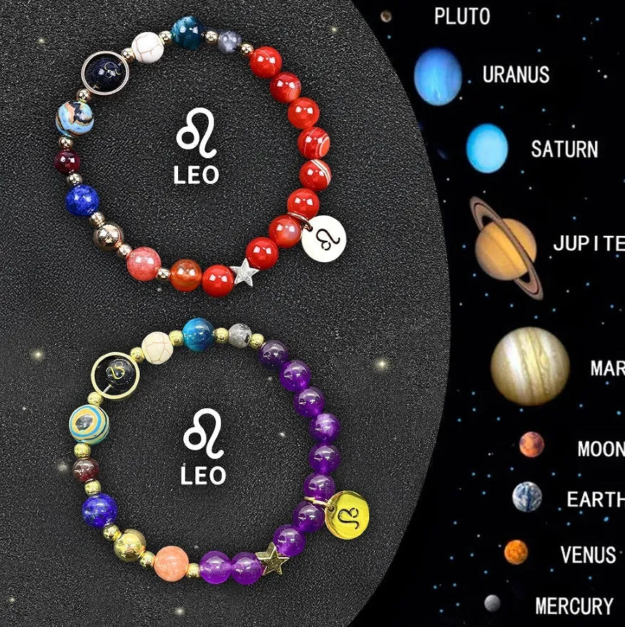 Two natural stone beaded bracelets with zodiac charms on a stretch elastic cord