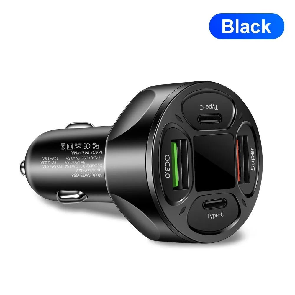 66W car charger with digital display showing dual USB and dual Type-C ports