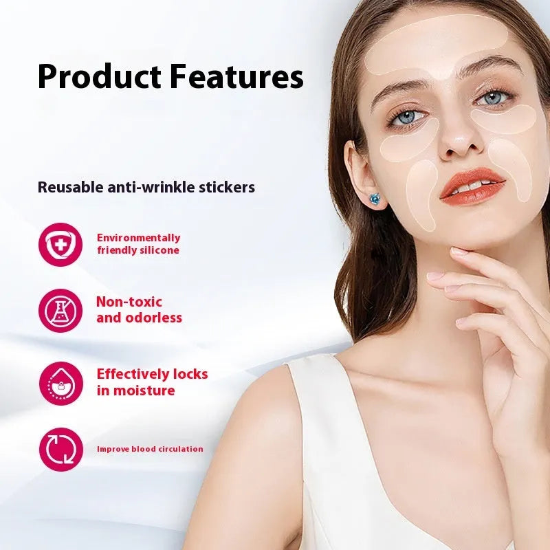 Five reusable silicone anti-wrinkle face stickers laid flat, total weight 26.8g.