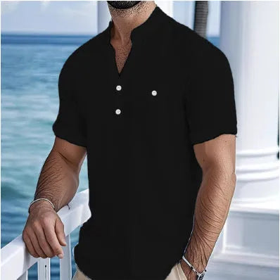 Men's short sleeve linen shirt with stand collar in loose fit, solid colour pullover style