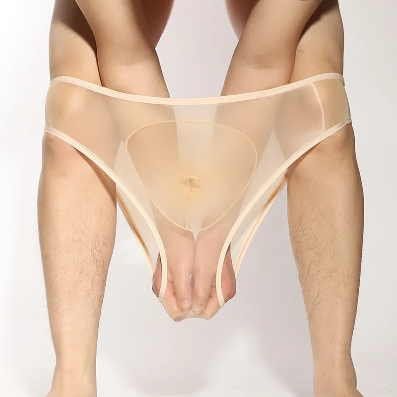 Ultra-thin silky nylon men's briefs with bullet separation design in multiple colour options.