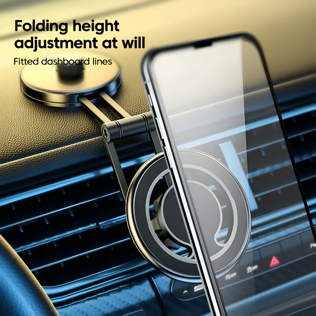 Telescopic folding magnetic car phone holder in black or silver for dashboard mounting.