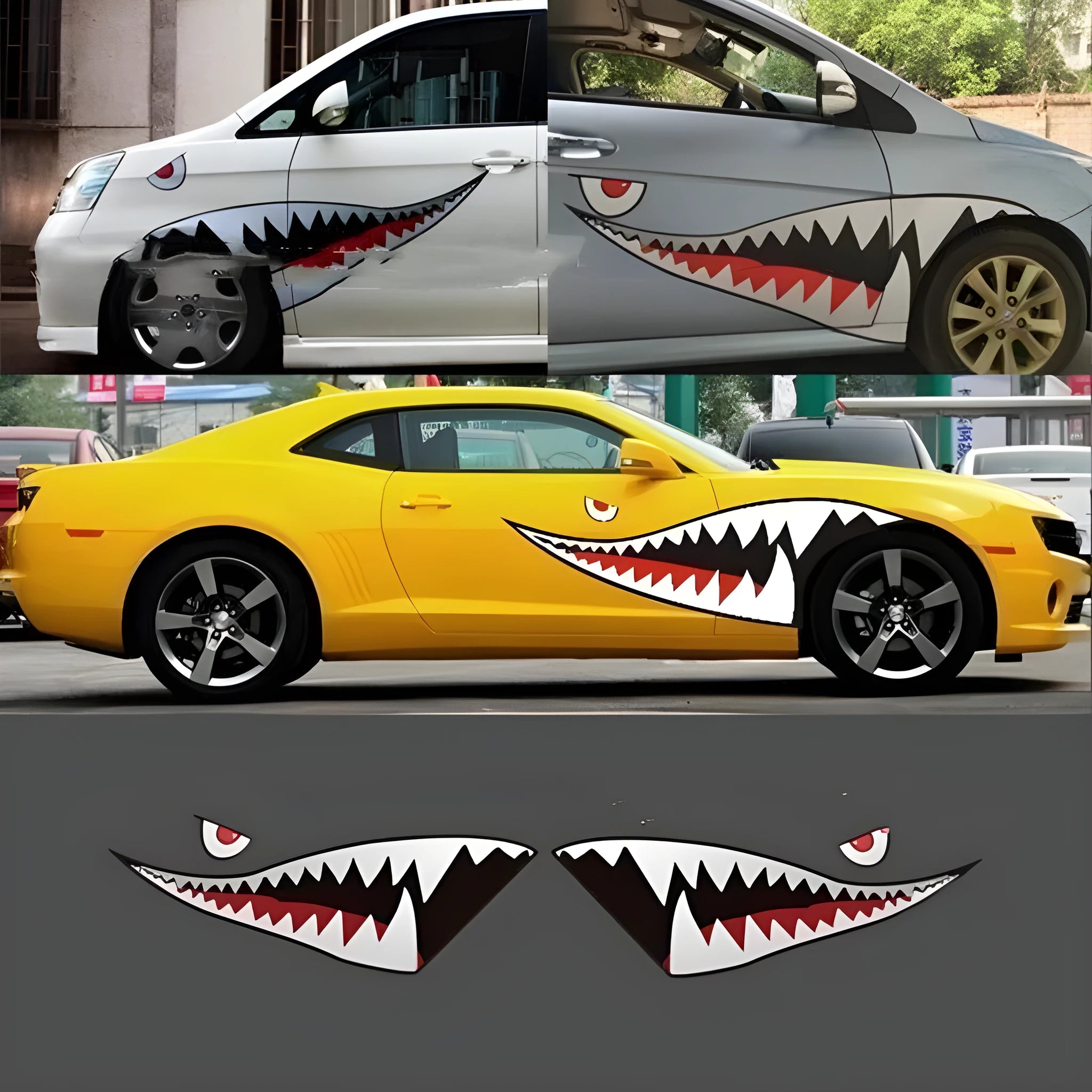 Large shark design car body sticker vinyl decal shown on a vehicle door.