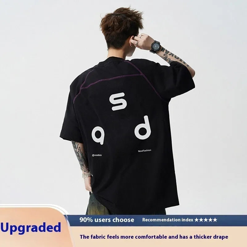 Cotton loose fit t-shirt with letter print design on front, showing round neck and short sleeves