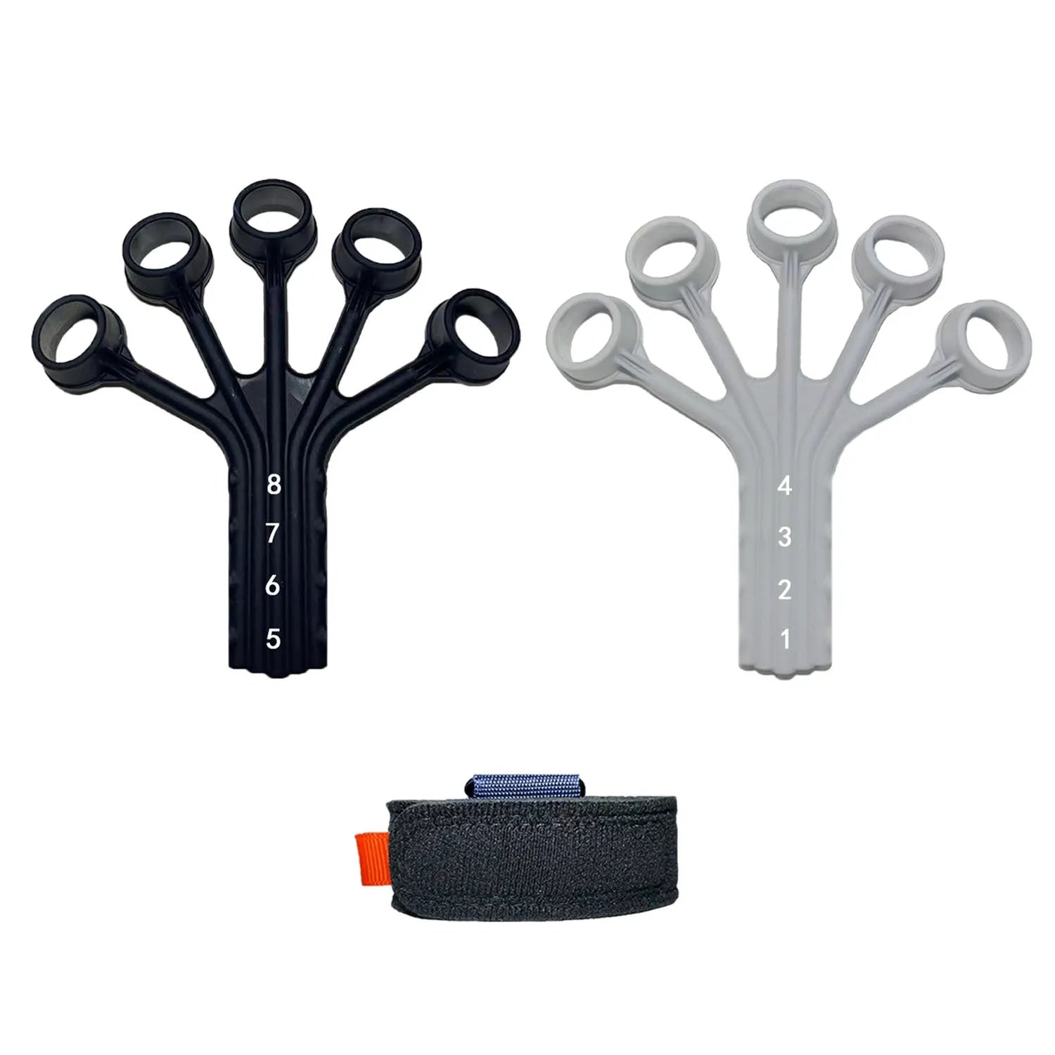 Black silicone finger rehabilitation trainer with adjustable tension belt for hand exercises