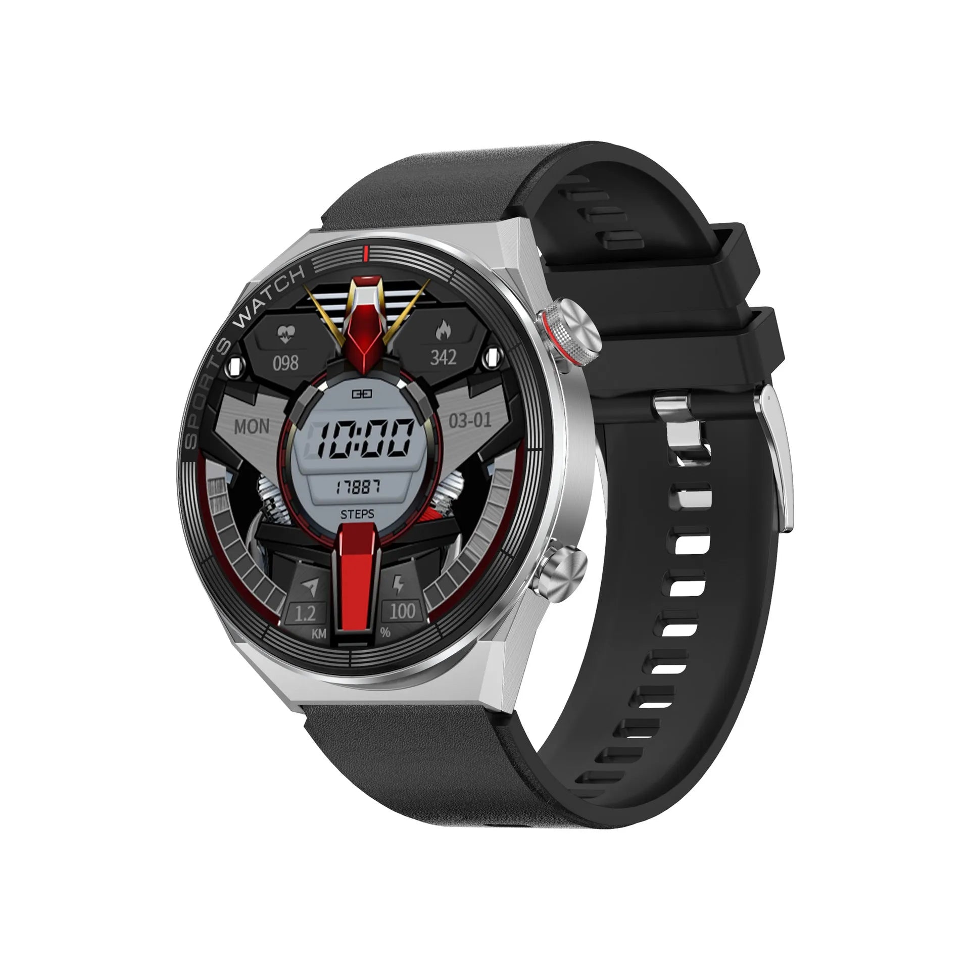 Black smart watch with large colour screen displaying time and notifications on a leather strap