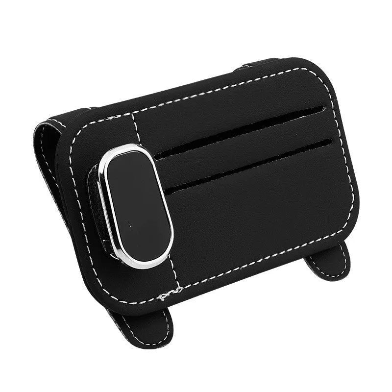 Cowhide leather automotive sun visor card holder with glasses clip in multiple colour options