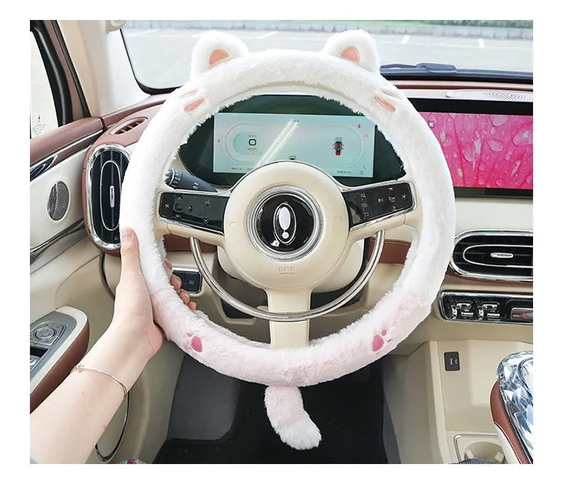 Plush steering wheel cover with cartoon animal embroidery for winter thermal insulation