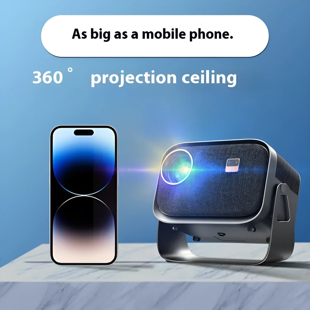 Portable 4K smart projector unit with remote on a wooden table