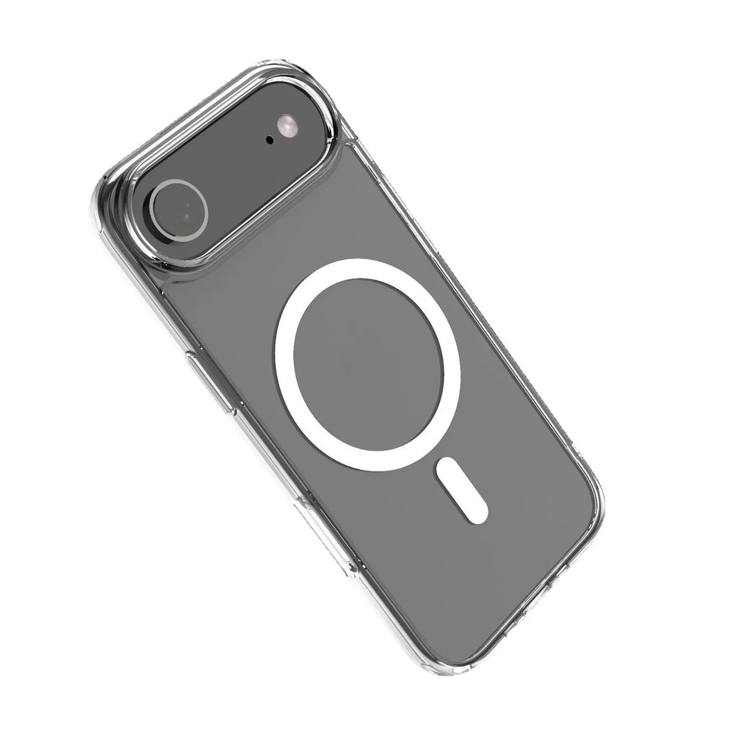 Transparent magnetic phone case for iPhone 17 series showing clear TPU construction and integrated magnets.