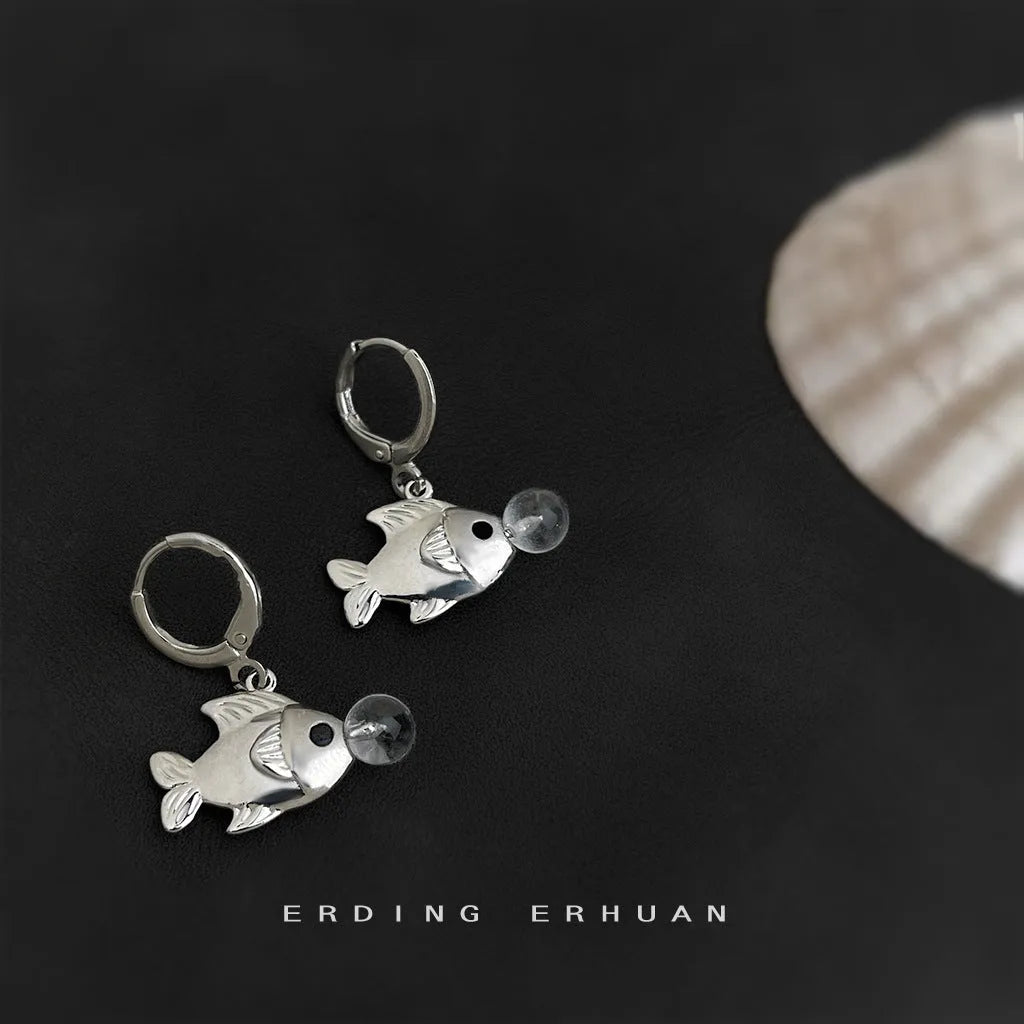Bubble fish design earrings with goldfish animal elements in copper electroplated finish