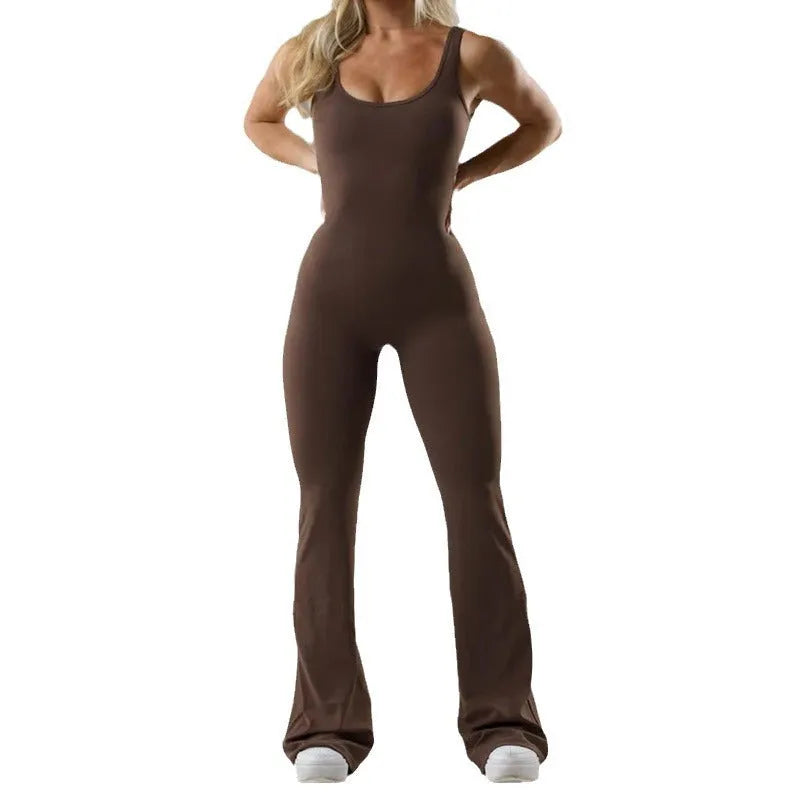 Women's black yoga bodysuit with hollow seam design and built-in chest pads