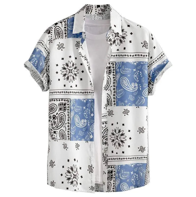 Men's slim fit Hawaiian short sleeve shirt in a digitally printed pattern.