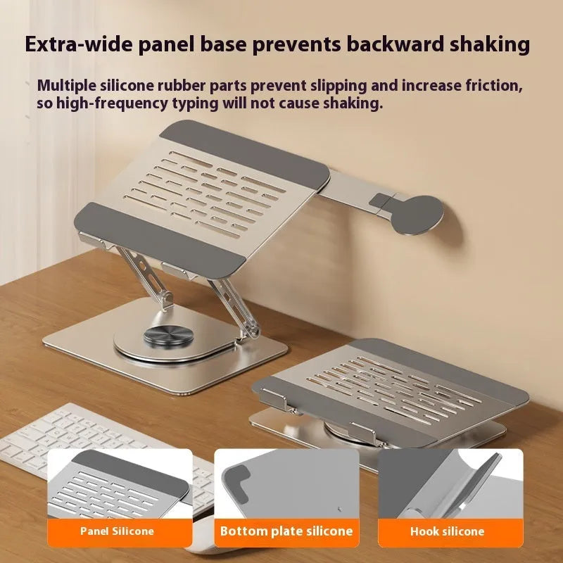 Silver carbon steel laptop stand with a side-mounted magnetic phone holder rotated to show its 360-degree movement.