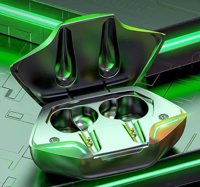 Wireless Bluetooth gaming earbuds with a portable charging case, shown in multiple colour options.