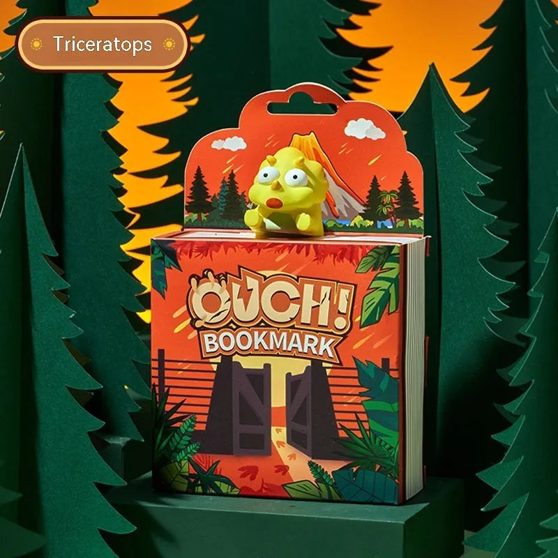 Dinosaur bookmark collection showing Tyrannosaurus Rex, Triceratops, Stegosaurus, Parasaurolophus designs in animation style