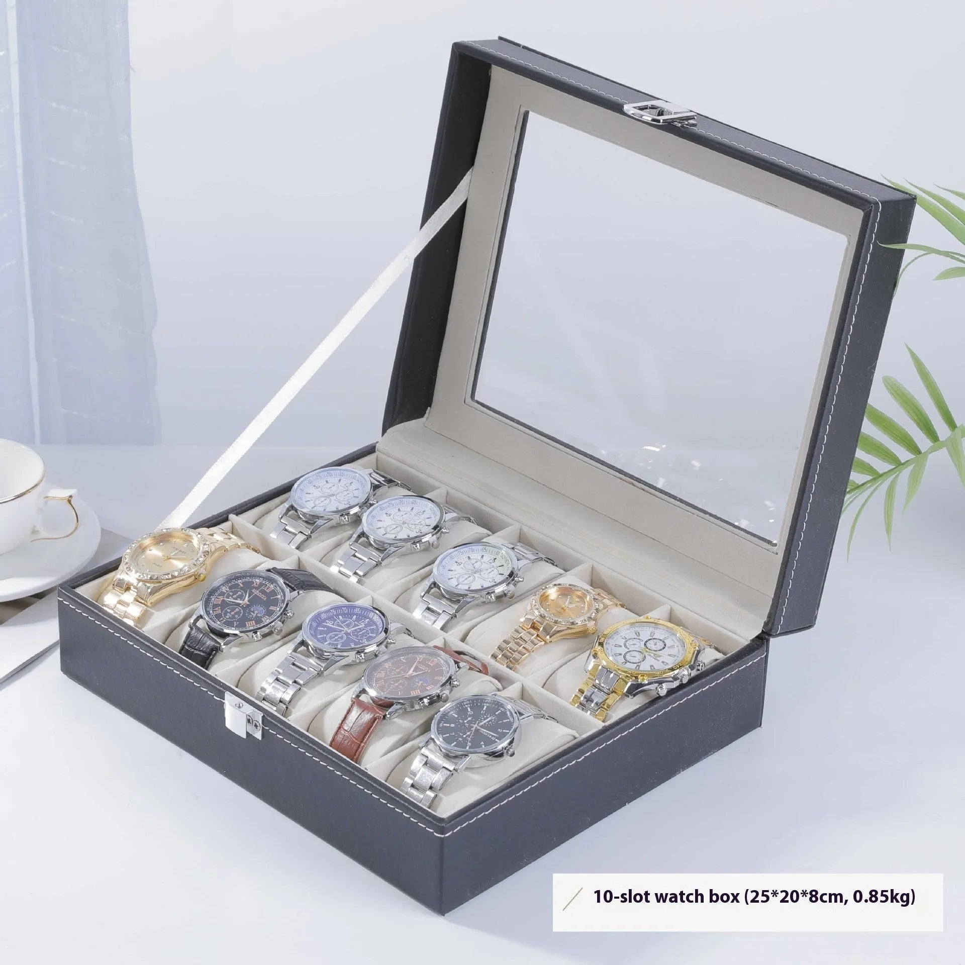 Grey high-grade leather watch storage box with clear dustproof lid showing multiple watch slots inside.