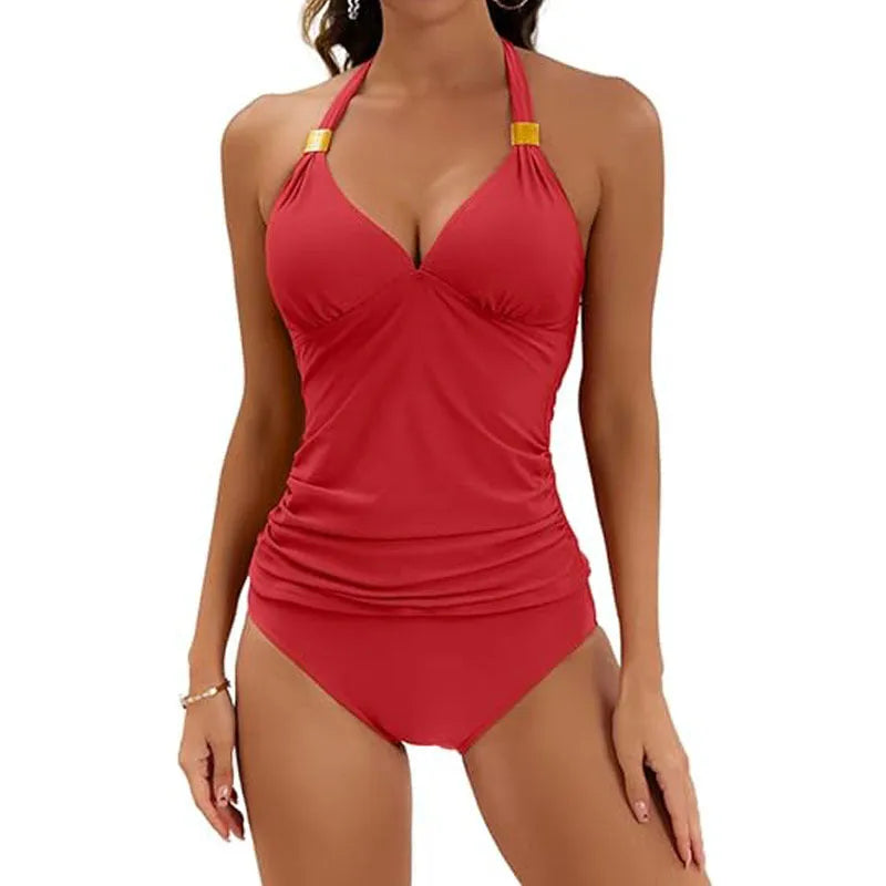 Women's red halter neck two-piece swimsuit with split tie and briefs bottom.