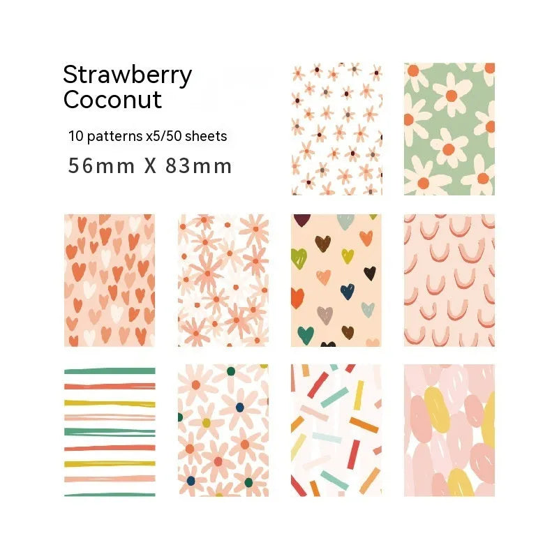 Retro collage note papers in dessert colours including red plum cheese and blue fruit bitter cassava