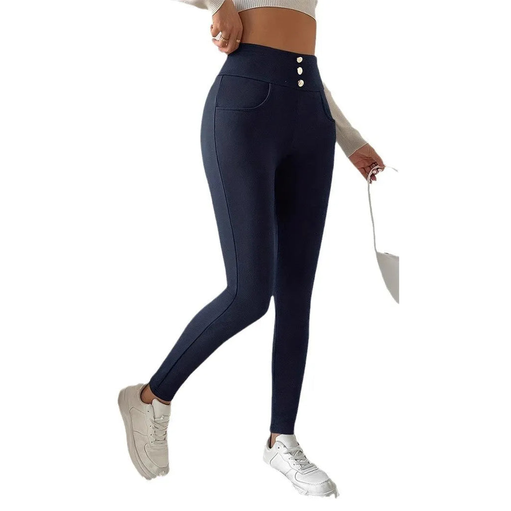 Navy blue women's straight-leg trousers with high waist and micro-elastic fabric in Japanese-Korean casual style