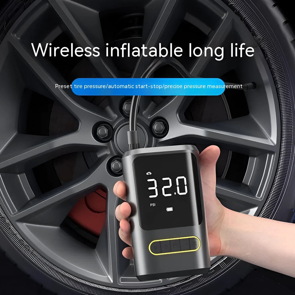 Handheld wireless digital air pump with LED display on black ABS body, showing pressure readout