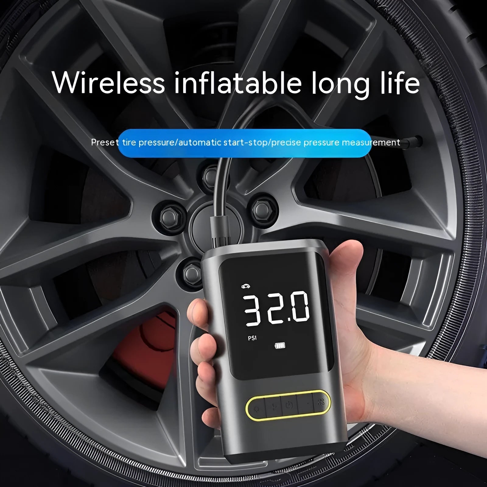 Handheld wireless digital air pump with LED display on black ABS body, showing pressure readout