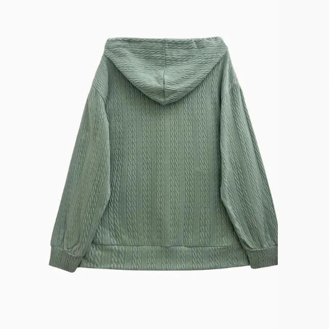 Green women's hooded zip-front sweater jacket in casual Japanese Korean style