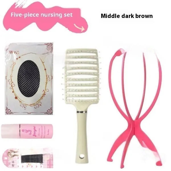 Forehead lace synthetic wig with straight mid-length hair and styling accessories
