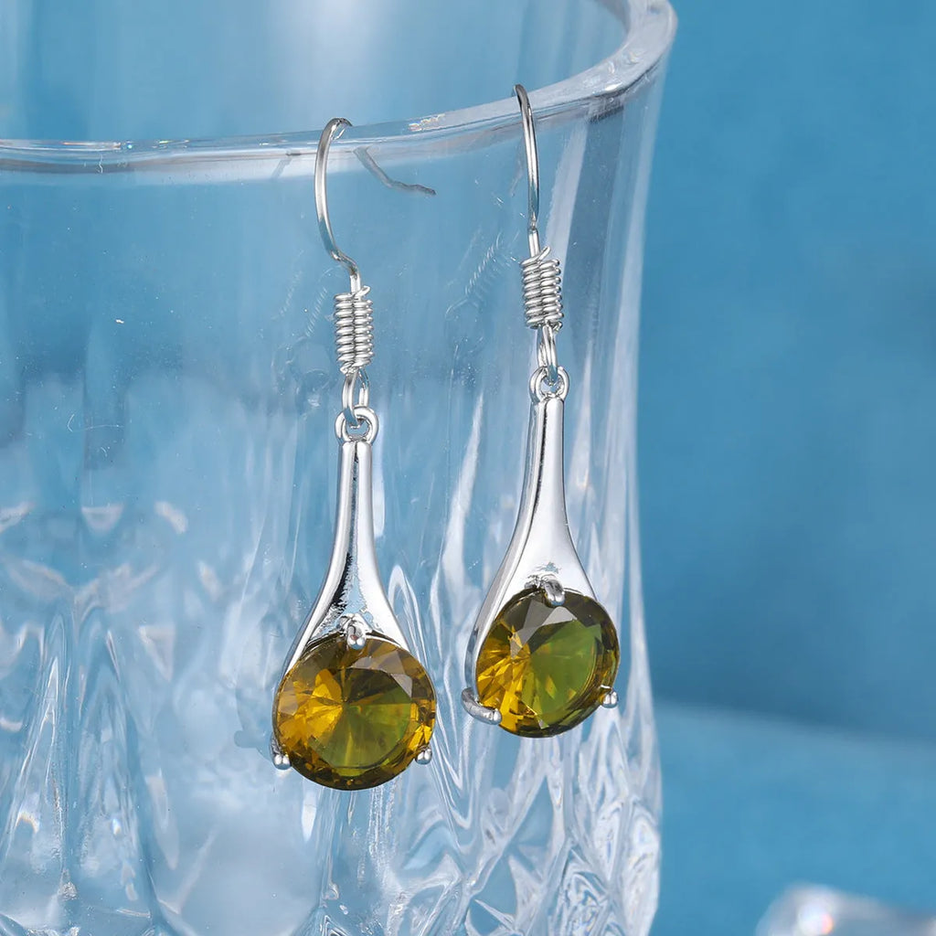 Olive green topaz earrings with water drop shape, electroplated alloy construction
