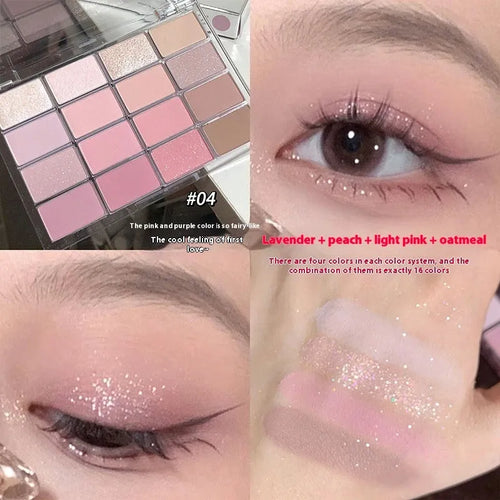 16 colours eye shadow plate with shimmer and matte finishes in multiple shades including pink and brown