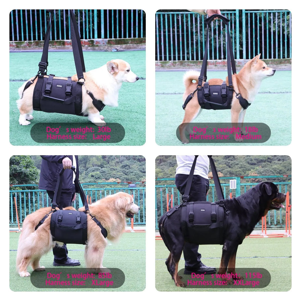 Black Oxford cloth dog harness with breast strap for leg support and rehabilitation
