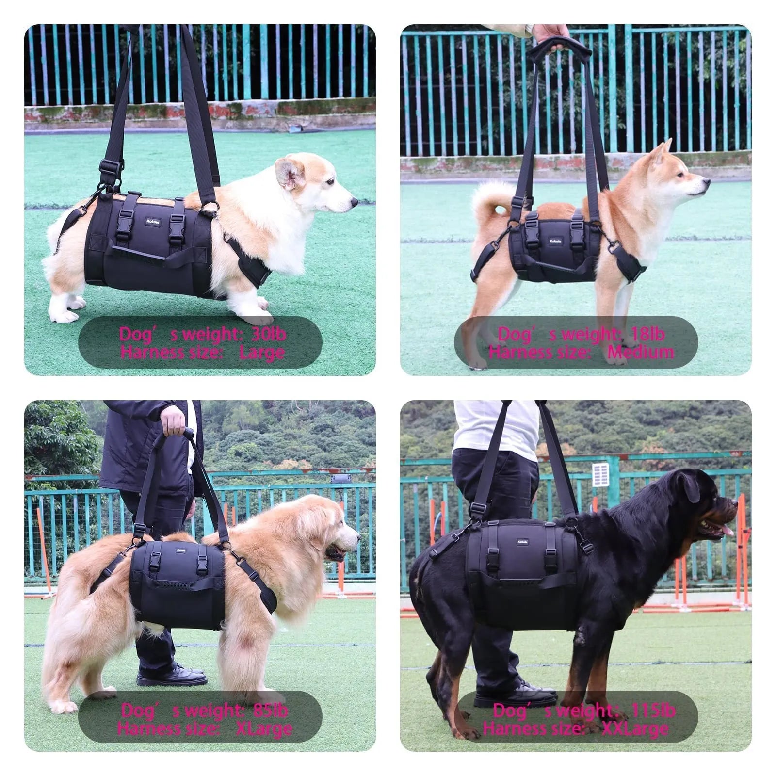 Black Oxford cloth dog harness with breast strap for leg support and rehabilitation