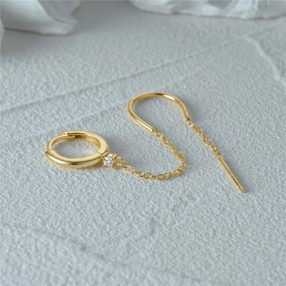 S925 sterling silver geometric stud earrings with a flower and tassel chain design in a gold electroplated finish.