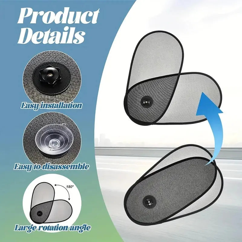 Black stretchy car side window sunshade for babies, shown with suction cups attached.