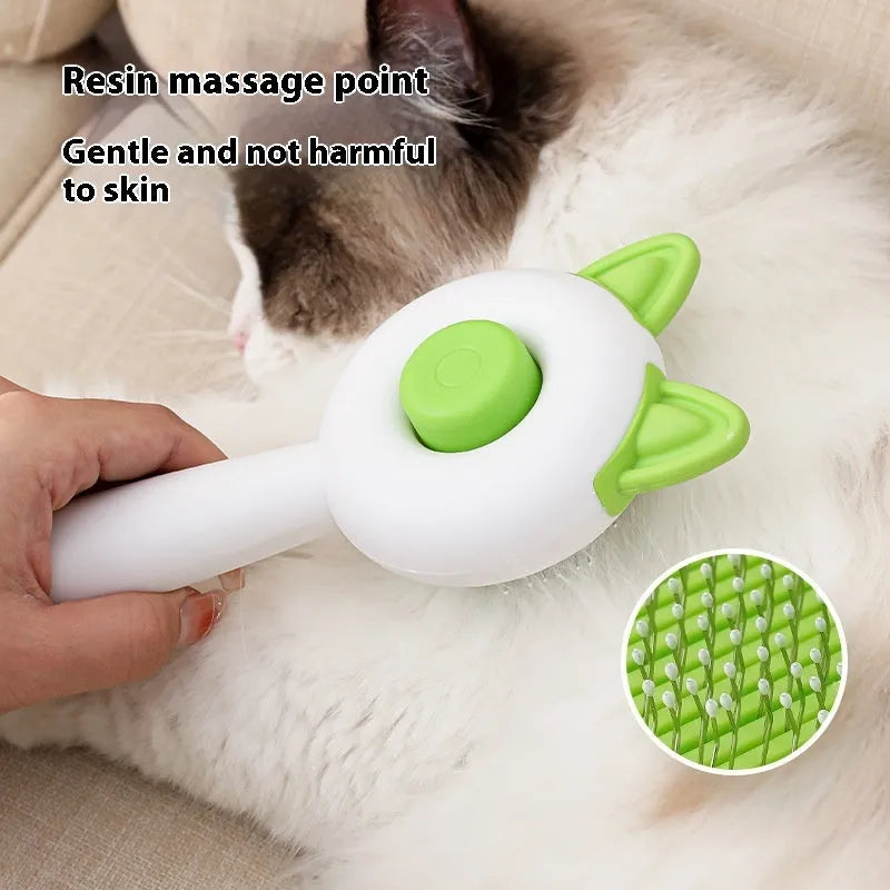 Self-cleaning pet hair removal massage comb with stainless steel teeth in greenish white colour