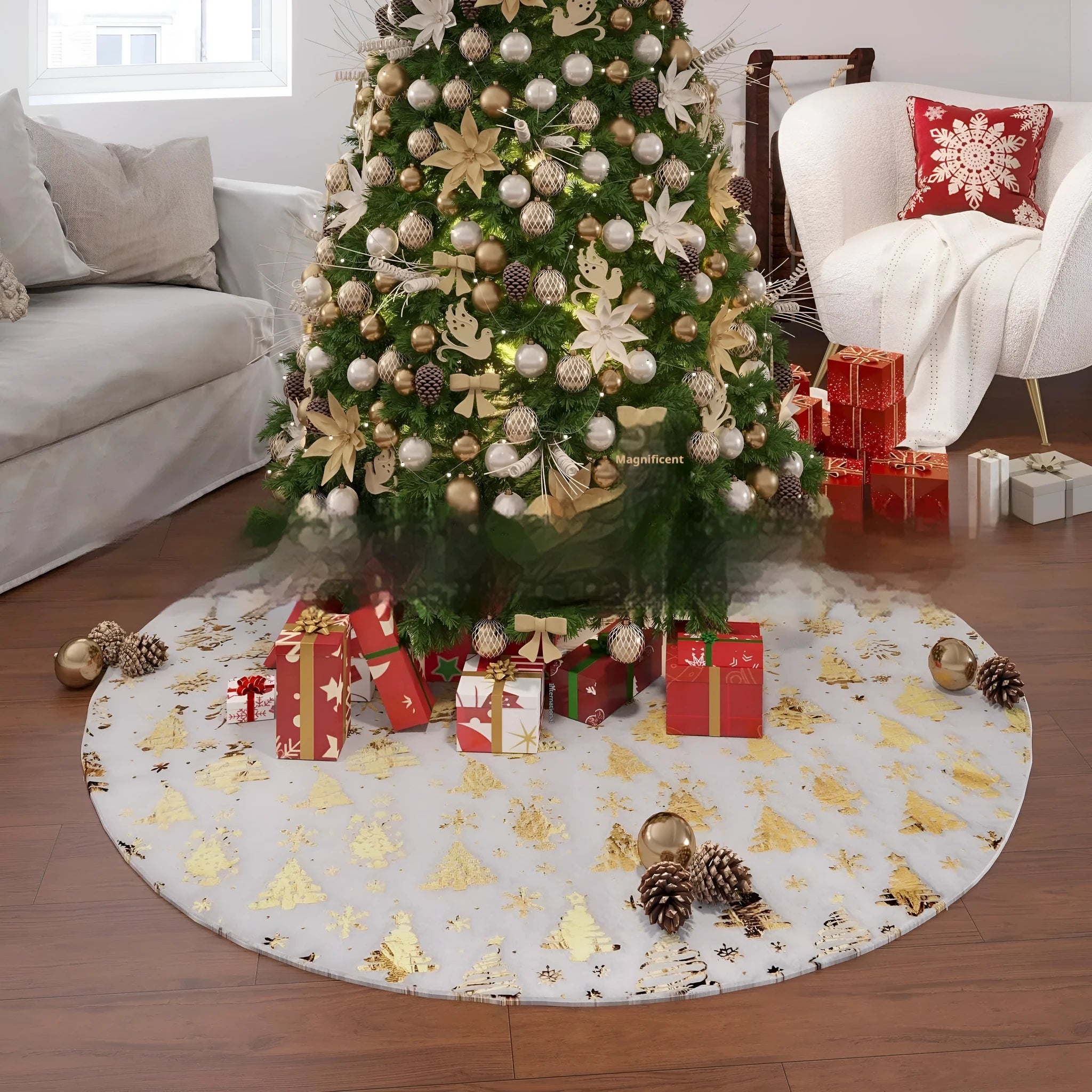 Plush Christmas tree decorative floor mat in snowflake star design showing soft textile surface