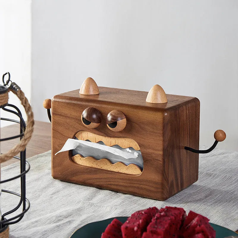 Wooden cartoon little monster tissue box in walnut beech colour, 190x104x125mm dimensions