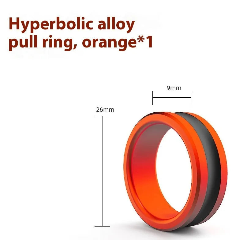Orange and silver alloy fishing hand guard pull loop tool on a dark background.
