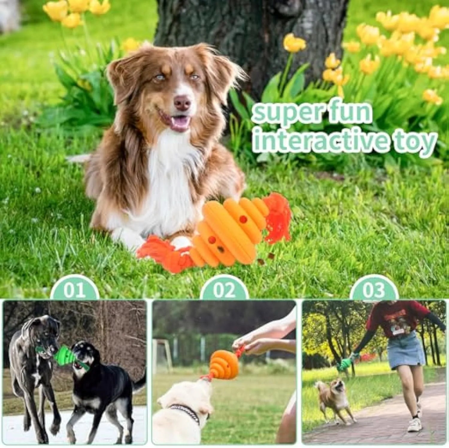 Large green and yellow silicone dog toy with a knotted rope and hollow ball for food dispensing.