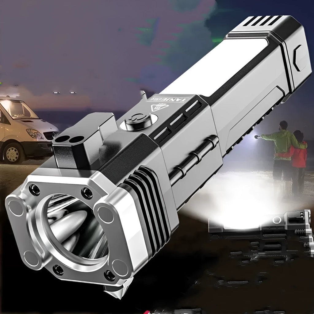 Silver portable LED flashlight with power bank function for outdoor use.