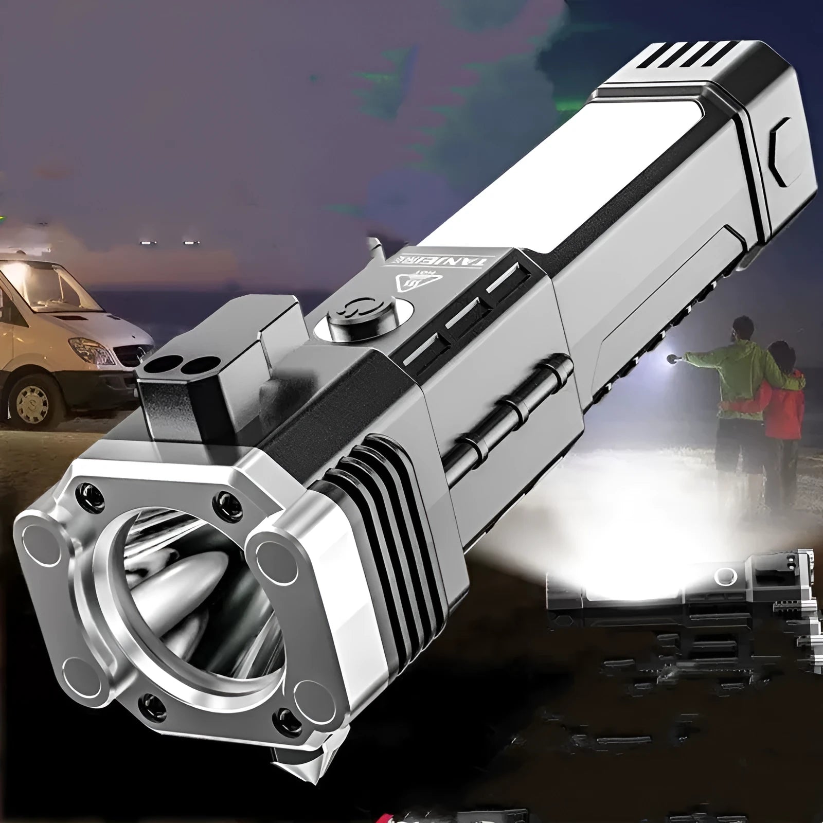 Silver portable LED flashlight with power bank function for outdoor use.