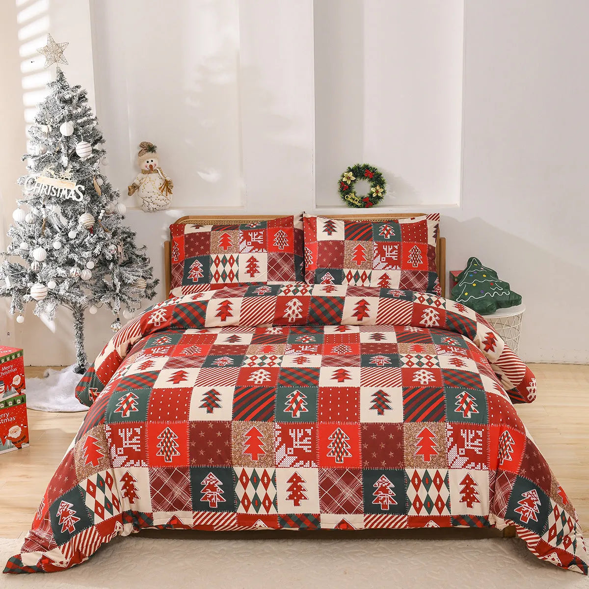 Red and black plaid patterned quilt cover and pillowcases on a bed, Christmas bedding set.
