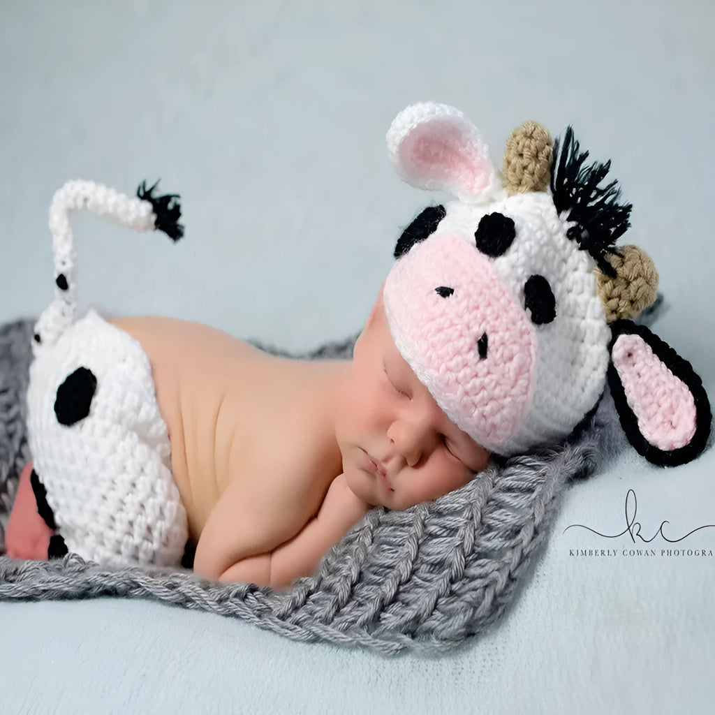 Hand knitted white baby cow suit with hat and pants set for newborns