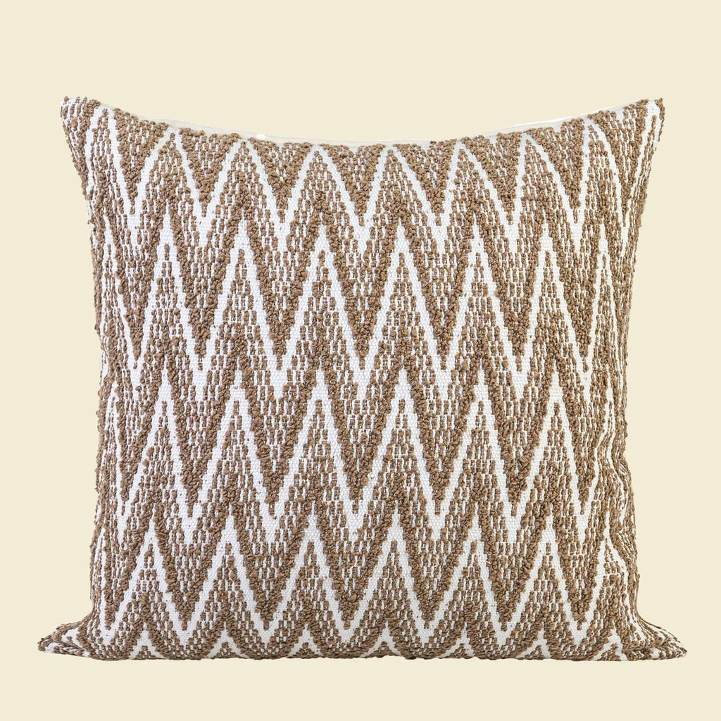 Chinese ancient style square sofa cushion with geometric pattern in brown Maillard colours, 45cm.